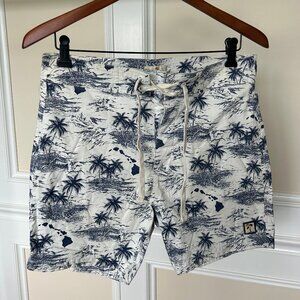 Marine Layer Men's Stretch Navy/White Hawaiian Board Shorts Size 32, 6" inseam